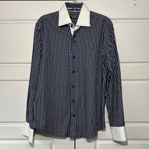 VIA UOMO Mens Blue Gingham Dress Shirt‎ Long Sleeve Collar Cuff Accent Size M